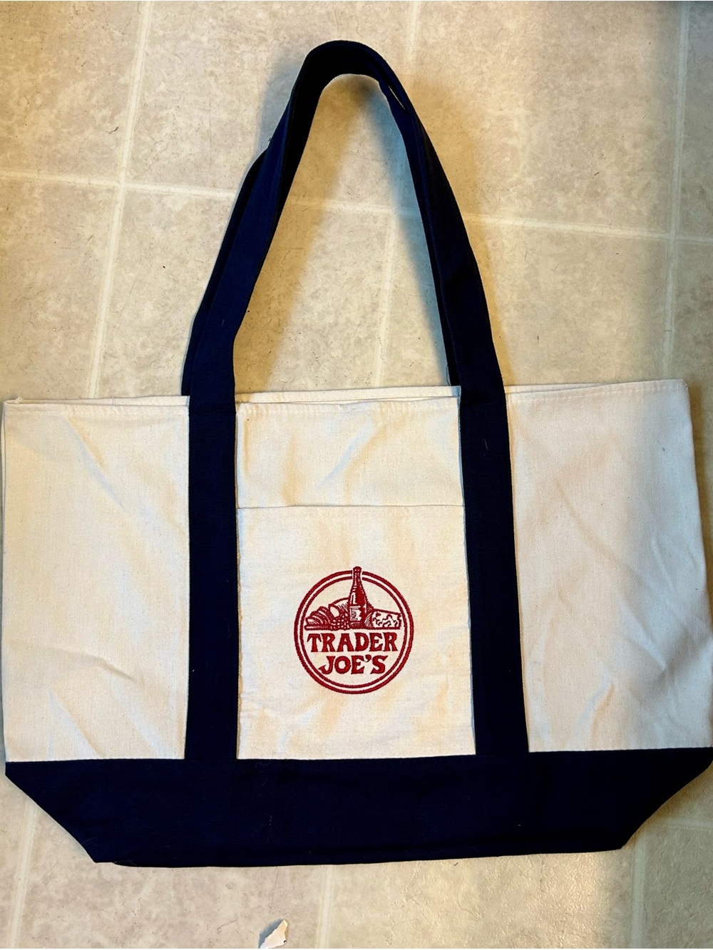 Trader Joe's Cream and Navy Canvas Tote Bag LIKE NEW